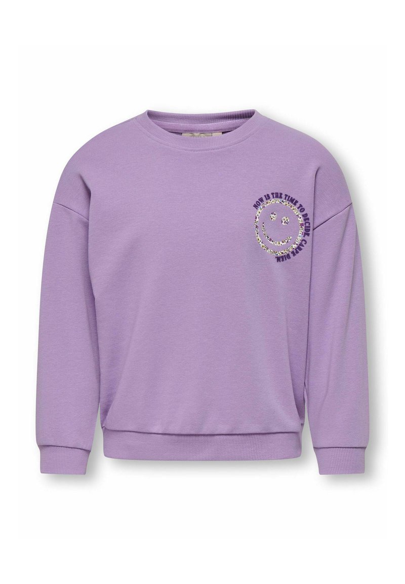 Lilak sweatshirt met een ronde hals en verlaagde schouders. Voorzien van een smiley-gezicht grafiek en tekst: "NU IS HET DE TIJD OM GELUKKIG TE ZIJN."