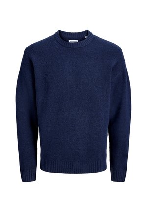 Navy blue crew neck sweater with long sleeves and ribbed cuffs and hem, made of textured knit fabric.