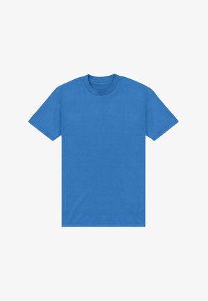 Blå kortærmet t-shirt med rund hals og ensfarvet design samt en glat stoftekstur, lagt fladt på en hvid baggrund.