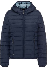 Marineblaues Puffer-Jackett mit Kapuze, ausgestattet mit einem Reißverschluss vorne, zwei seitlichen Reißverschlusstaschen und gestepptem Design. Das Innere hat ein hellblaues Futter.