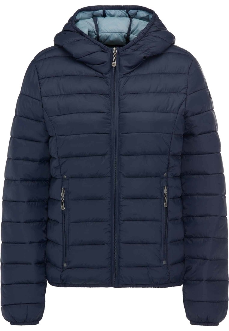 Marineblaues Puffer-Jackett mit Kapuze, ausgestattet mit einem Reißverschluss vorne, zwei seitlichen Reißverschlusstaschen und gestepptem Design. Das Innere hat ein hellblaues Futter.
