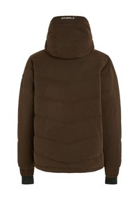 Bruine gewatteerde jas met capuchon, chevron stikpatronen, elastische manchetten en een logo op de achterkant van de kraag.