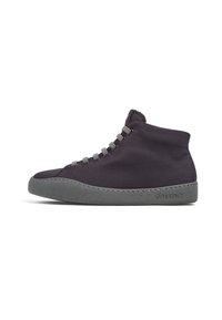 High-Top-Sneaker mit einem Obermaterial aus dunkelgrauem Stoff, grauer Gummisohle, sechs Ösen für Schnürsenkel und einem minimalistischen Design mit dezentem Branding.