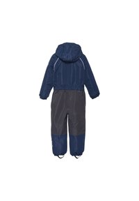 Navy blue og grå vanntett barnesnøsuite med hette, elastiske mansjetter og hvite kantsting. Helkroppdesign for varme.