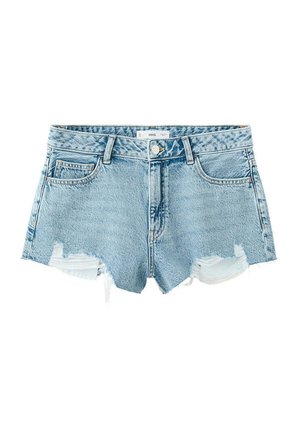 Short en denim bleu clair avec bords effilochés, un bouton à l'avant, une fermeture éclair, des passants de ceinture et cinq poches.