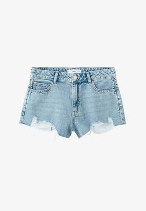 Short en denim bleu clair avec bords effilochés, un bouton à l'avant, une fermeture éclair, des passants de ceinture et cinq poches.