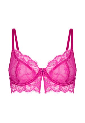 Knallrosa Spitzen-BH mit floralen Mustern, Bügelunterstützung, verstellbaren Trägern und gezackten Kanten.