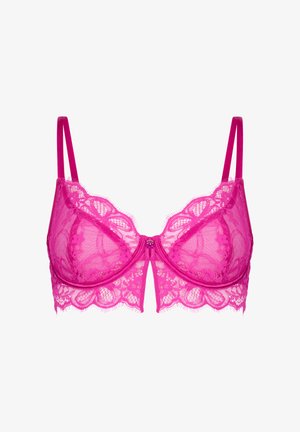 Knallrosa Spitzen-BH mit floralen Mustern, Bügelunterstützung, verstellbaren Trägern und gezackten Kanten.