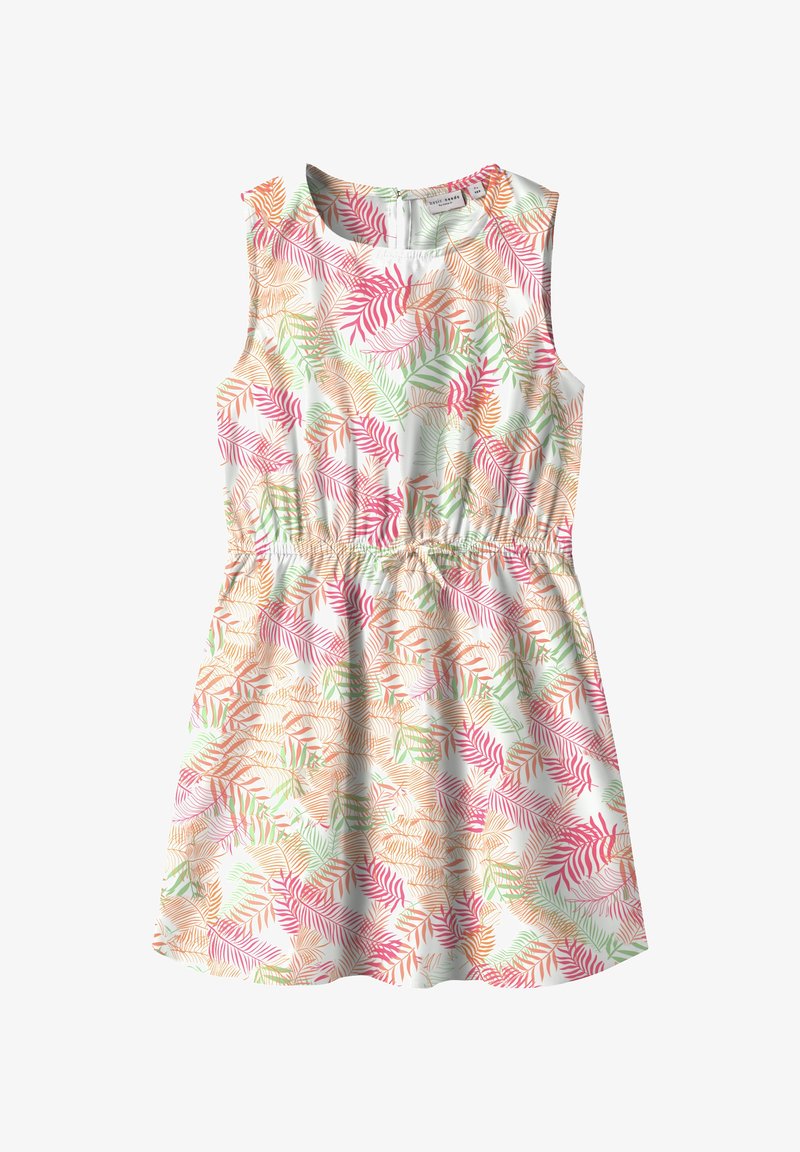 Robe blanche sans manches avec taille froncée, ornée d'un imprimé de feuilles tropicales roses, orange et vertes, avec un col rond et une fermeture éclair dans le dos.