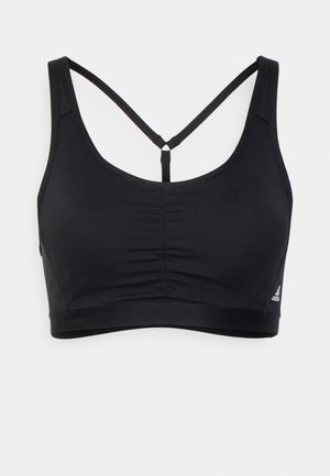 Zwarte sportbh met een ronde hals, gekruiste banden en een geplooid ontwerp aan de voorkant, gemaakt van een gladde, rekbare stof.