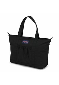 Zwarte totebag gemaakt van duurzaam materiaal, met een ritssluiting, twee stevige hengsels en een voorzak met plooien voor extra opbergruimte.