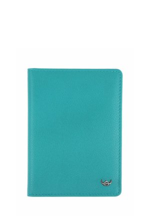 Turquoise leather passport holder with stitched edges and a small silver Viking helmet logo in the bottom right corner.