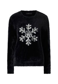 Zwarte pluche trui met een groot zilveren pailletten sneeuwvlokontwerp aan de voorkant. Ronde halslijn en lange mouwen. Zachte textuur.