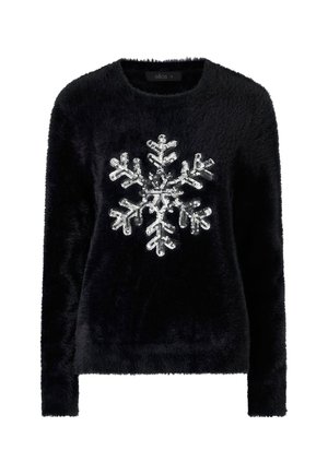 Zwarte pluche trui met een groot zilveren pailletten sneeuwvlokontwerp aan de voorkant. Ronde halslijn en lange mouwen. Zachte textuur.