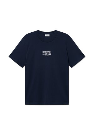 T-shirt en coton bleu marine à manches courtes, décolleté rond, avec un texte graphique blanc : "La musique de la ville. New York, Tribeca."