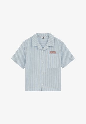 Lyseblå og hvide stribet kortærmet skjorte med knapper og brystlomme, hvor "Cedar Fork Outdoor Division" er broderet over lommen.