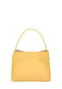 Borsa a mano in pelle gialla con forma strutturata, manico singolo e superficie liscia. Presenta cuciture minime e una cerniera laterale.
