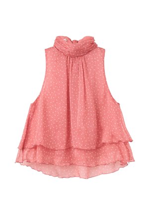 Blusa sin mangas de gasa rosa con lunares blancos, cuello alto fruncido y bajo con volantes superpuestos.