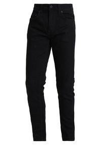 Jeans de mezclilla negra con un corte skinny, cinco bolsillos, pasadores para cinturón y cierre frontal con botón. Textura suave con un color oscuro y sólido.