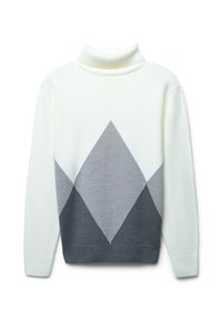 Maglione collo alto in crema, caratterizzato da un motivo a rombi in grigio chiaro e grigio scuro. Texture morbida e polsini a costine sulle maniche e sull'orlo.