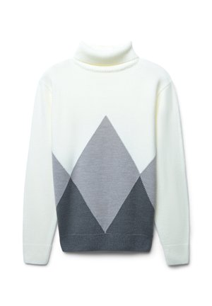 Maglione collo alto in crema, caratterizzato da un motivo a rombi in grigio chiaro e grigio scuro. Texture morbida e polsini a costine sulle maniche e sull'orlo.