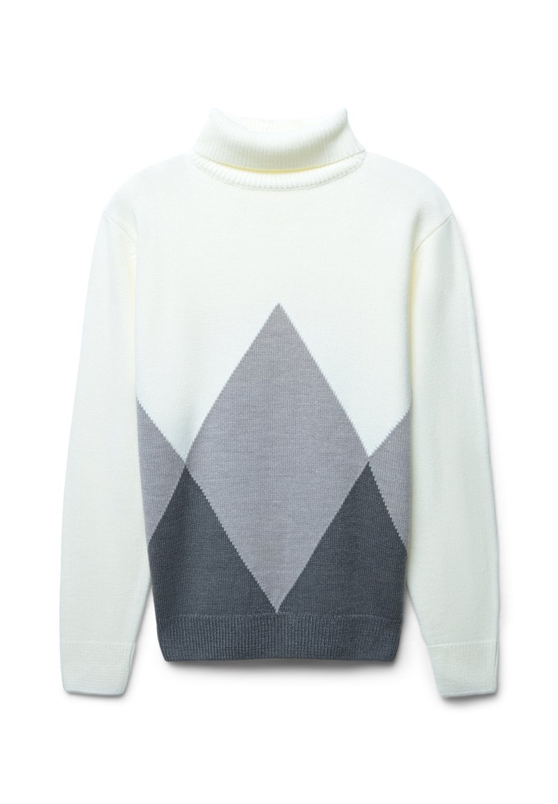 Maglione collo alto in crema, caratterizzato da un motivo a rombi in grigio chiaro e grigio scuro. Texture morbida e polsini a costine sulle maniche e sull'orlo.
