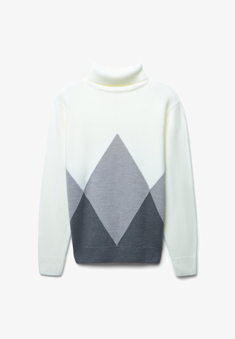 Pull à col roulé en crème, doté d'un motif en diamant en gris clair et gris foncé. Texture douce et poignets côtelés aux manches et à l'ourlet.