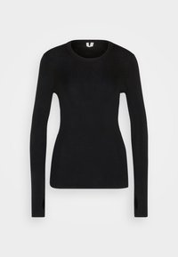 Pull noir en maille côtelée à manches longues, col rond et détails avec trou pour le pouce aux poignets.