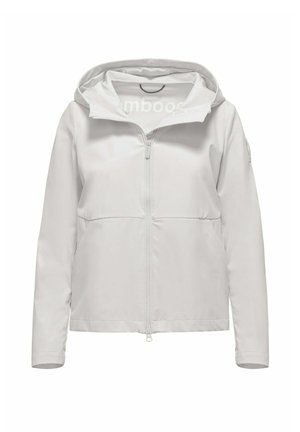 White zip-up hooded jacket with long sleeves and a smooth fabric finish, displayed against a plain background.