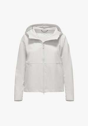 White zip-up hooded jacket with long sleeves and a smooth fabric finish, displayed against a plain background.