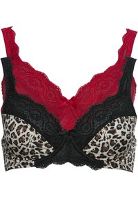 Schwarzer Spitzen-Bralette mit rotem Spitzenrand, der an der Basis ein Leopardenmuster aufweist. Dekorative schwarze Schleifen in der Mitte und an den Trägern.