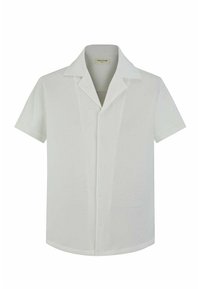 Chemise blanche à manches courtes avec un col, en tissu texturé, fermeture à boutons et coupe décontractée. Étiquette indiquant "FRILIVIN."
