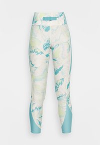 Legginsy capri w kwiatowy wzór w odcieniach niebieskiego, zielonego i kremowego, posiadające wysoki stan oraz kontrastujące turkusowe panele boczne.