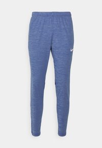 Blauwe sportieve joggers gemaakt van een gestructureerde, lichte stof, met een elastische tailleband en een klein wit logo aan de zijkant.