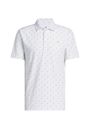 Short-sleeve polo shirt in white fabric featuring a subtle geometric pattern in navy, with a classic collar and three-button placket.