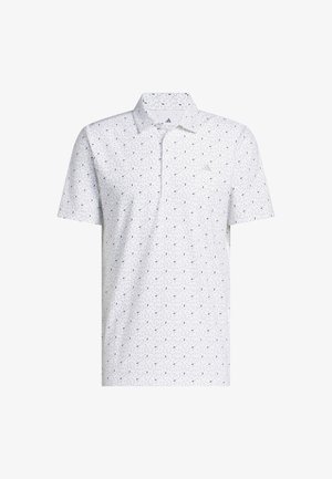 Short-sleeve polo shirt in white fabric featuring a subtle geometric pattern in navy, with a classic collar and three-button placket.