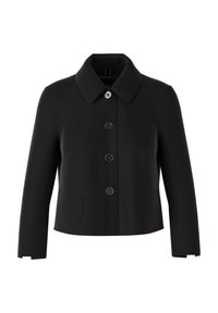 Black cropped jacket with a rounded collar, four front buttons, two side pockets, and a smooth texture. Minimalist design, no visible patterns.