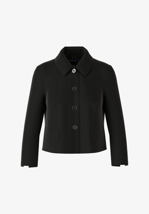 Black cropped jacket with a rounded collar, four front buttons, two side pockets, and a smooth texture. Minimalist design, no visible patterns.