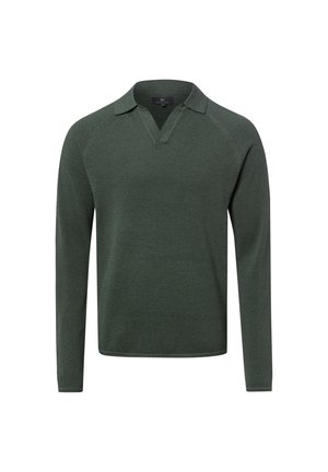 Dunkelgrüner langärmeliger Strickpullover mit kleinem Kragen und V-Ausschnitt, dargestellt auf weißem Hintergrund.