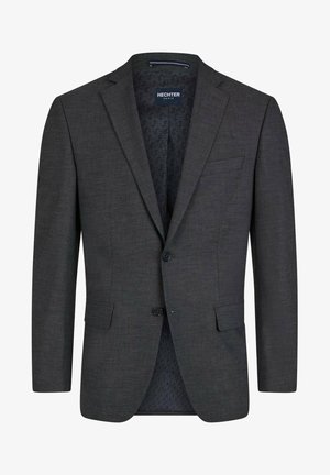 Donkergrijze blazer gemaakt van textiel met textuur, voorzien van een notch-kraag, twee knopen en een contrasterende, geprinte binnenvoering.