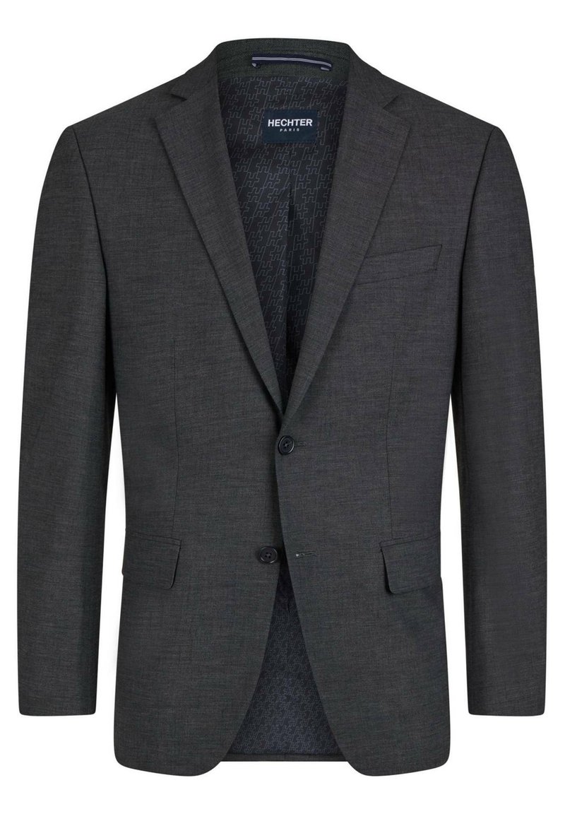Dunkelgrauer Blazer aus strukturiertem Stoff, mit Reverskragen, zwei Knöpfen und einem kontrastierenden gemusterten Innenfutter.