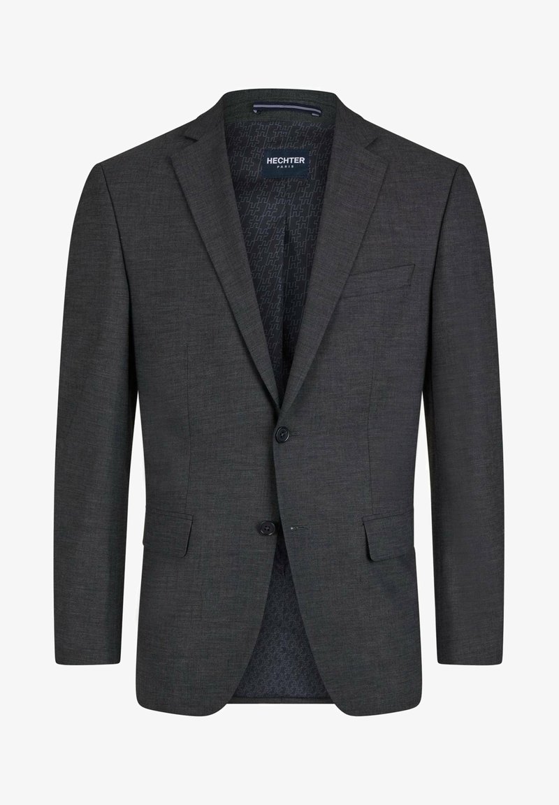 Blazer grigio scuro realizzato in tessuto testurizzato, con colletto a revers, due bottoni e una fodera interna con motivo a contrasto.