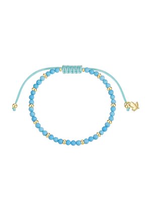 Justerbart armbånd med skiftevis små blå og gyldne perler på en lyseblå vævet snor, med en lille gylden fuglecharme.
