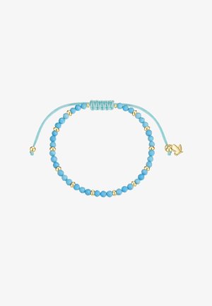 Justerbart armbånd med skiftevis små blå og gyldne perler på en lyseblå vævet snor, med en lille gylden fuglecharme.