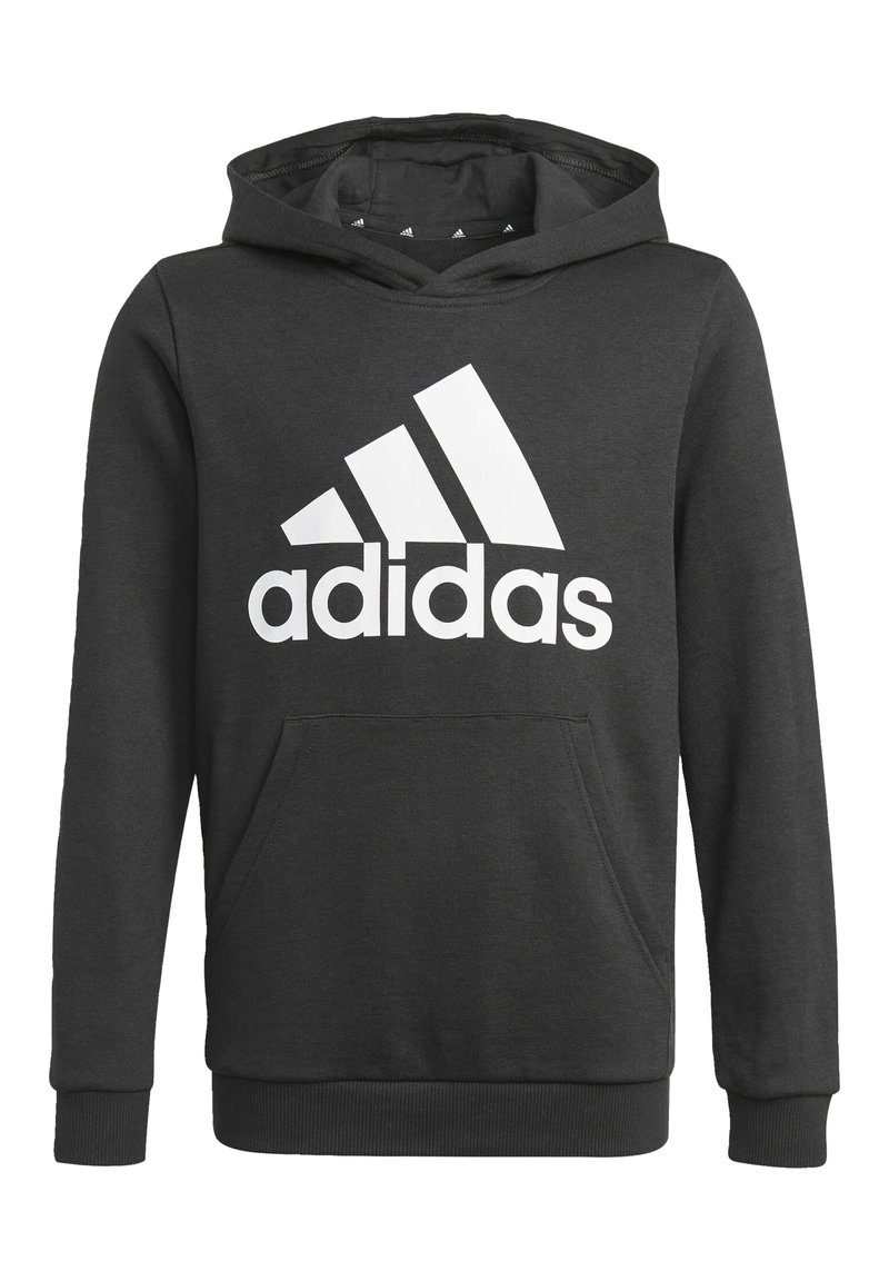 Czarna bluza z kapturem z dużym białym logo Adidas, kieszenią kangurka z przodu oraz ściągaczami na mankietach i u dołu. Wyjątkowo miękka tekstura tkaniny.