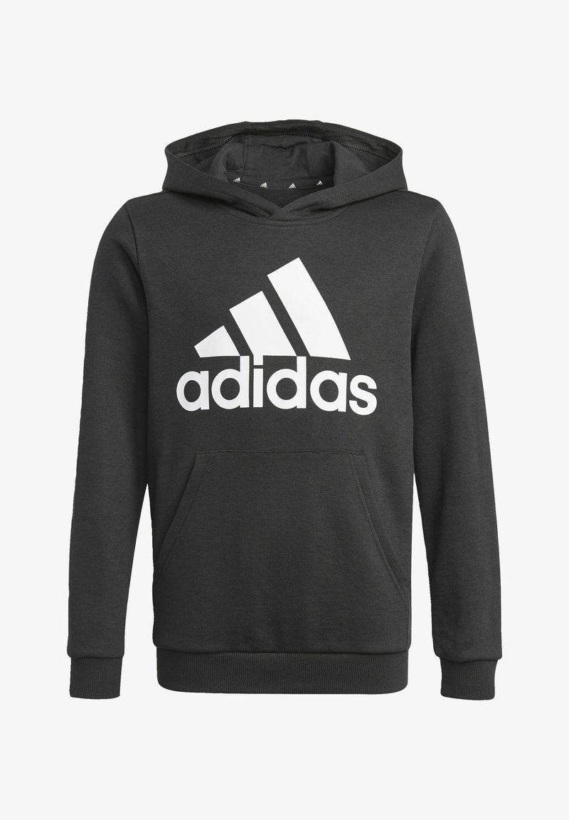 Czarna bluza z kapturem z dużym białym logo Adidas, kieszenią kangurka z przodu oraz ściągaczami na mankietach i u dołu. Wyjątkowo miękka tekstura tkaniny.