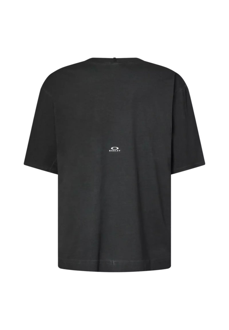 T-shirt noir oversize à manches courtes avec col rond et petit logo blanc Oakley centré dans le dos.