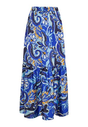 Falda floral en tonos azules con una mezcla de patrones claros y oscuros. Presenta una cinturilla elástica y un diseño en capas con un dobladillo con volantes.