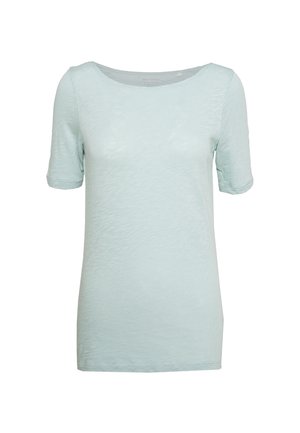 Hellblaues T-Shirt mit kurzen Ärmeln und Rundhalsausschnitt, leicht strukturierter Stoff und normaler Passform.