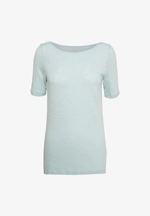 T-shirt bleu clair à manches courtes avec un col rond, en tissu légèrement texturé et une coupe régulière.